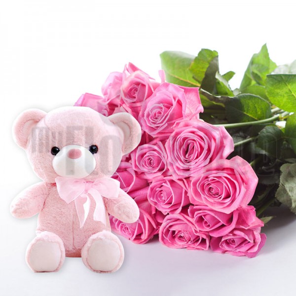  12 Pink Roses with 1 Teddy Bear (6 inches)